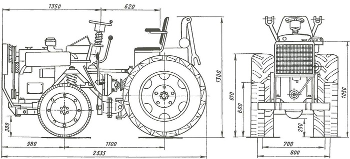 Конструкционный чертеж трактора, выполняемого из мотоблока